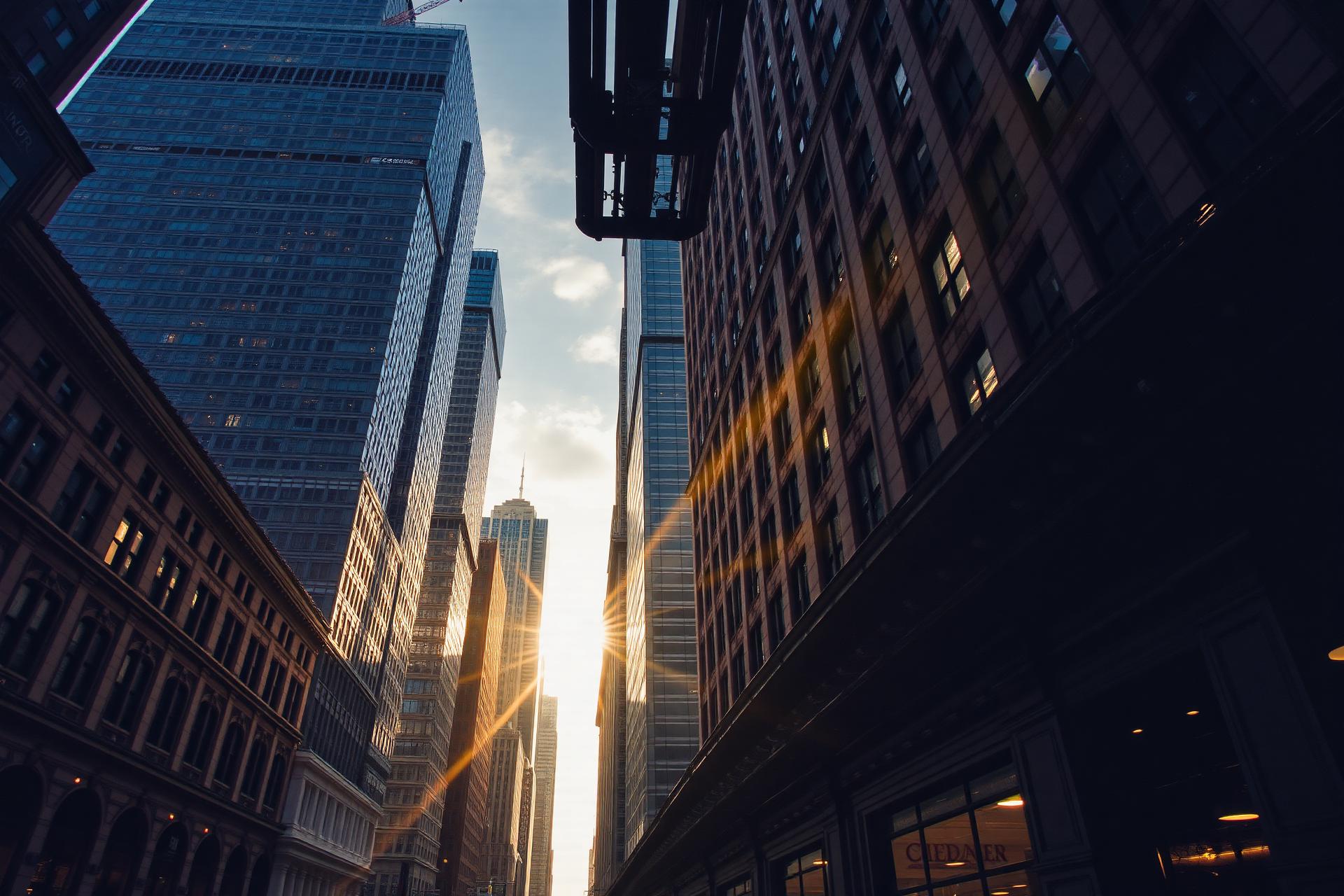 Street-level view of downtown Chicago skyscrapers at golden hour