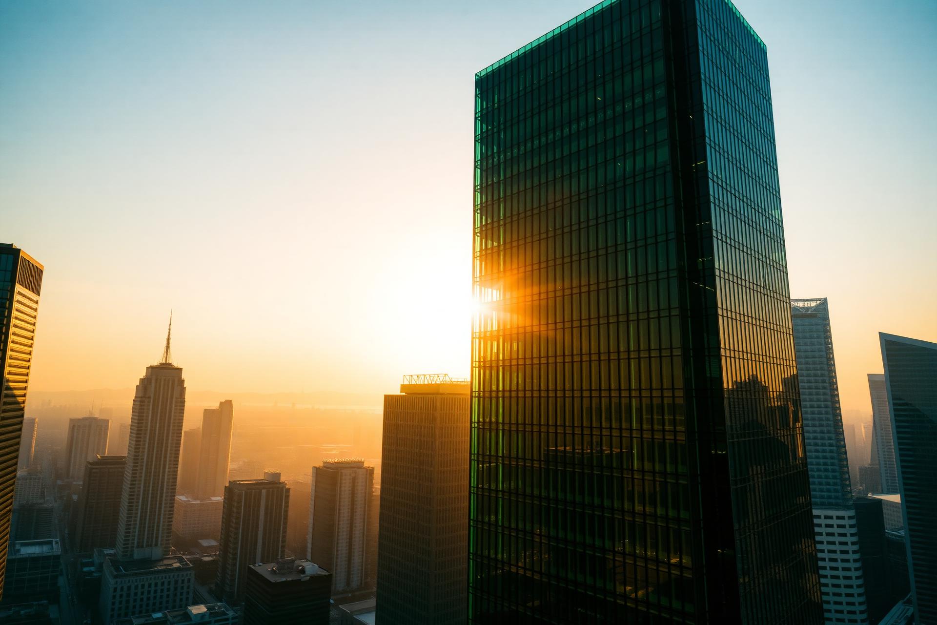 Modern emerald glass tower at golden hour